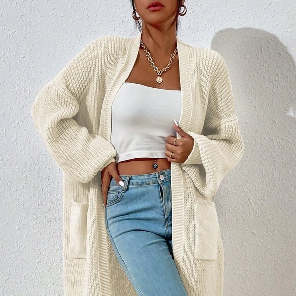 Beige Casual Women's Dual Pocket Drop Shoulder Open Front Cardigan - Picture 5 of 8